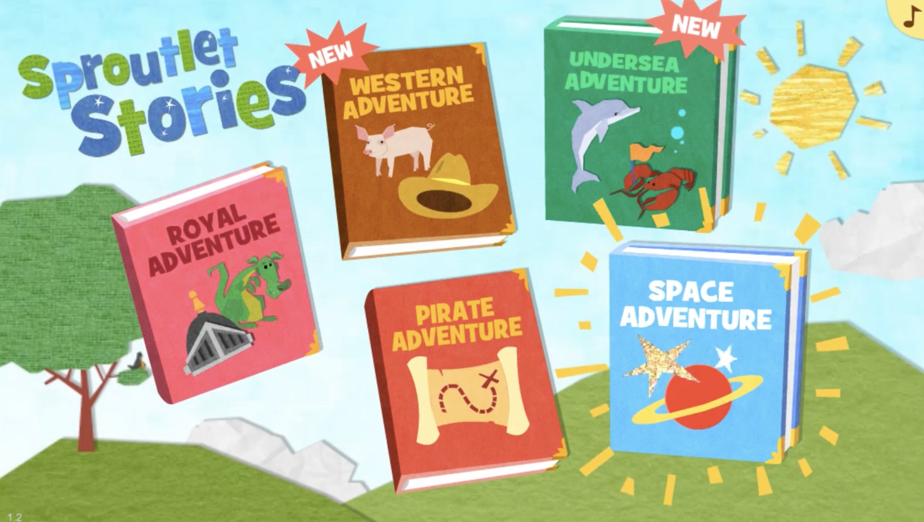 Sproutlet Stories book picker: Royal, Western, Undersea, Pirate and Space adventures