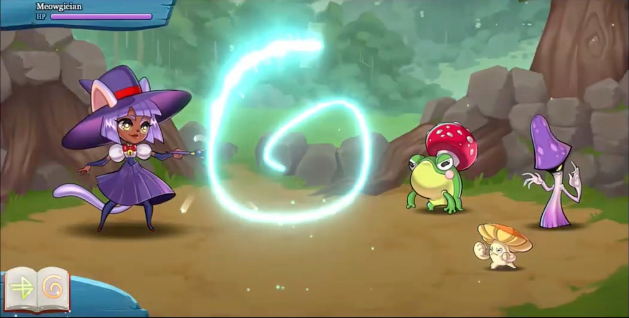 Illustrated game scene with a spell-casting cat witch character