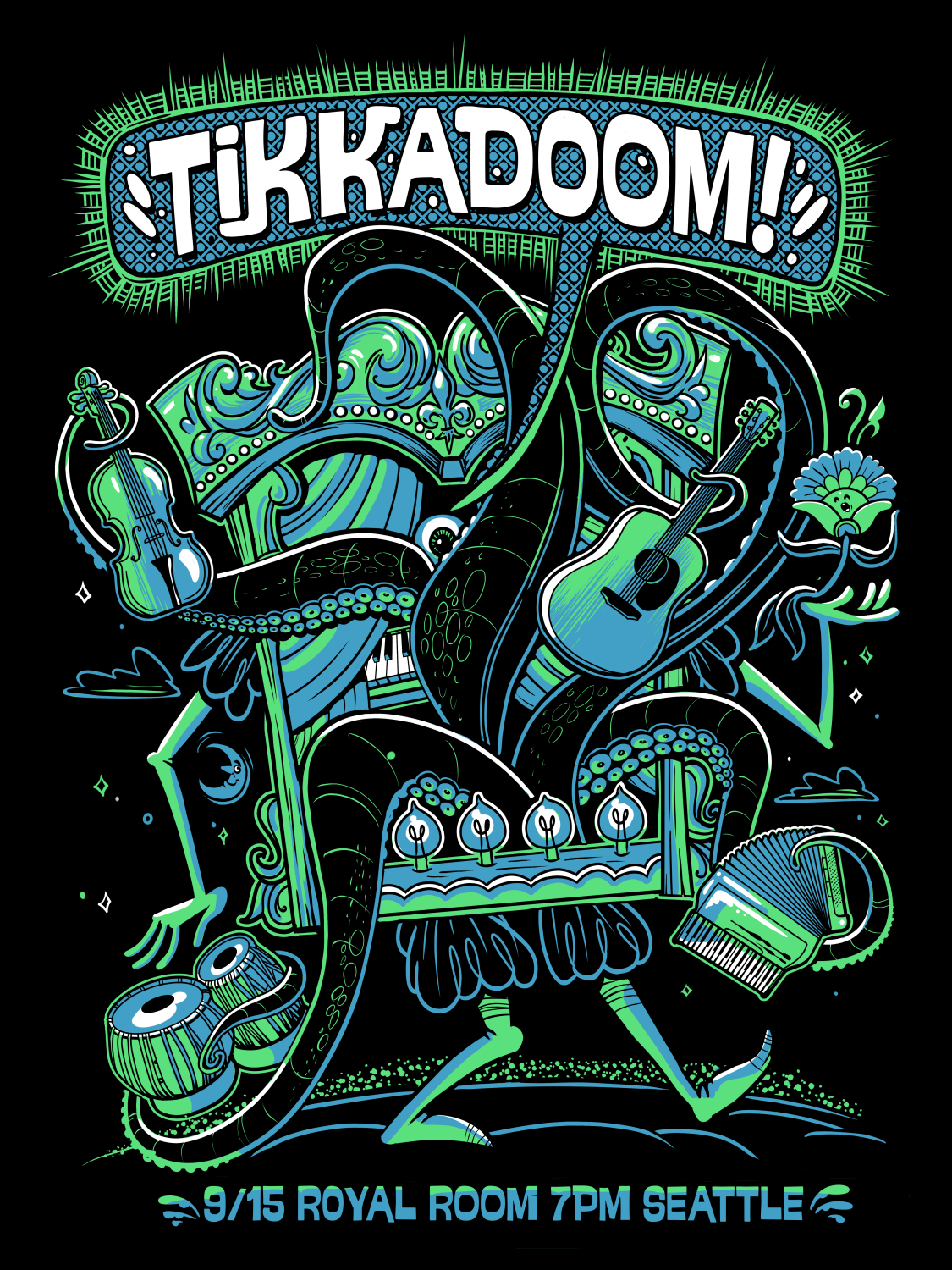 Tikkadoom gig poster, glowing neon illustration