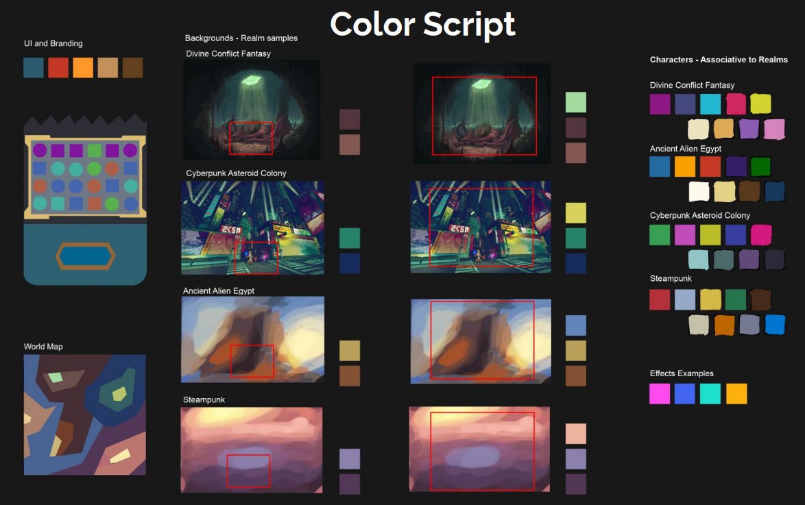 Color script board showing environment thumbnails and palette swatches