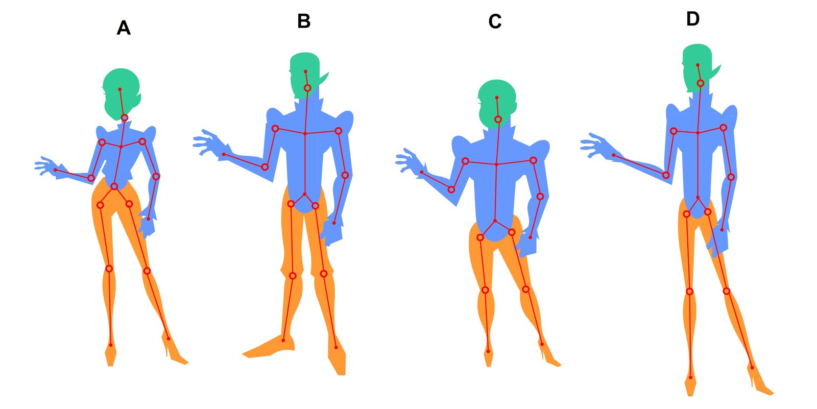 Four-pose character turnaround exploring a hybrid art style