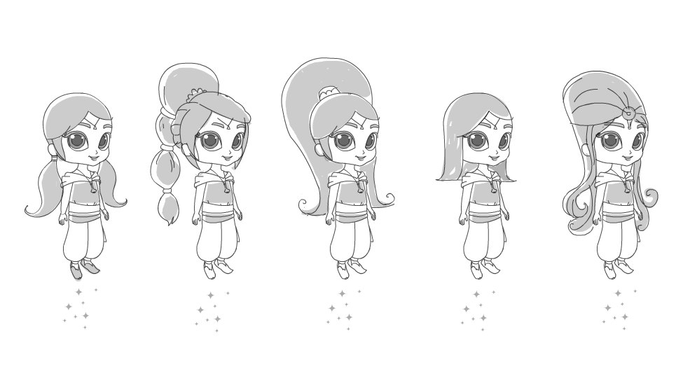 Character turnaround sketches of a genie character in five poses