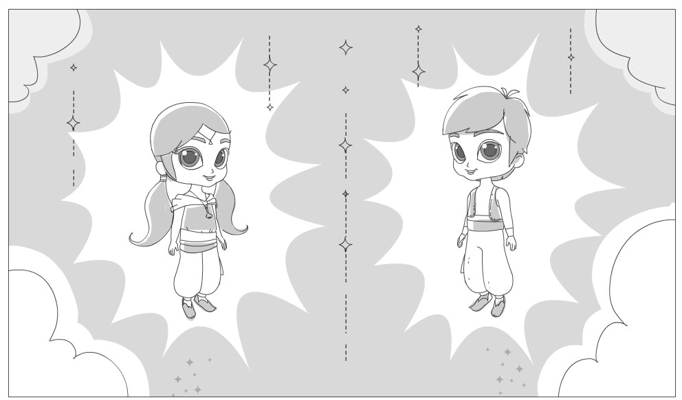 Sketch of two genie characters bursting out of star-shaped reveals