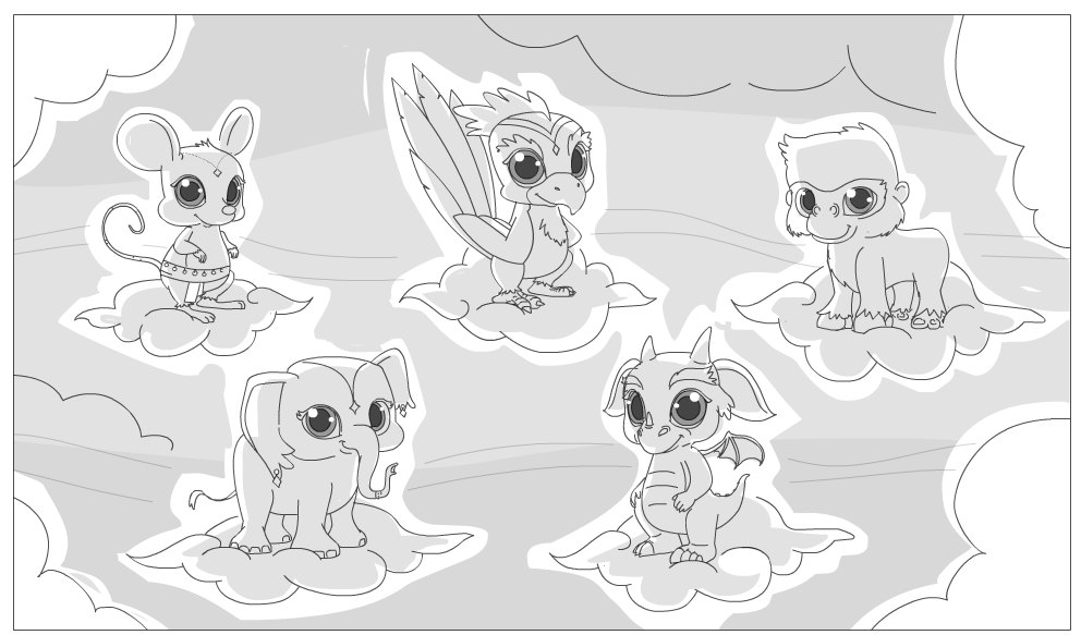 Sketch lineup of small sidekick creature characters