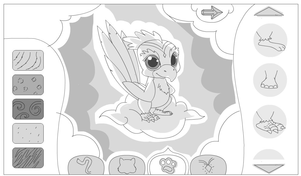 Grayscale UI wireframe sketch for a character customization screen