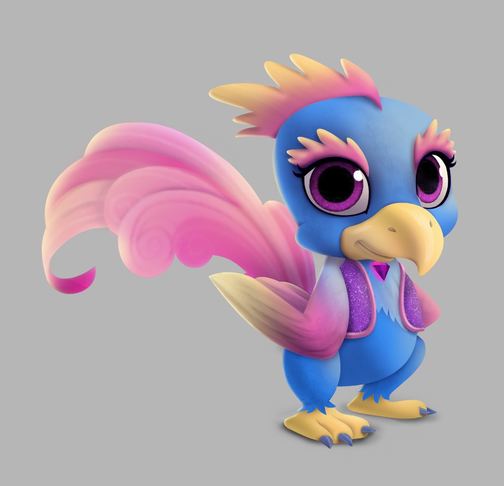 Finished render of a fantastical blue and pink bird character