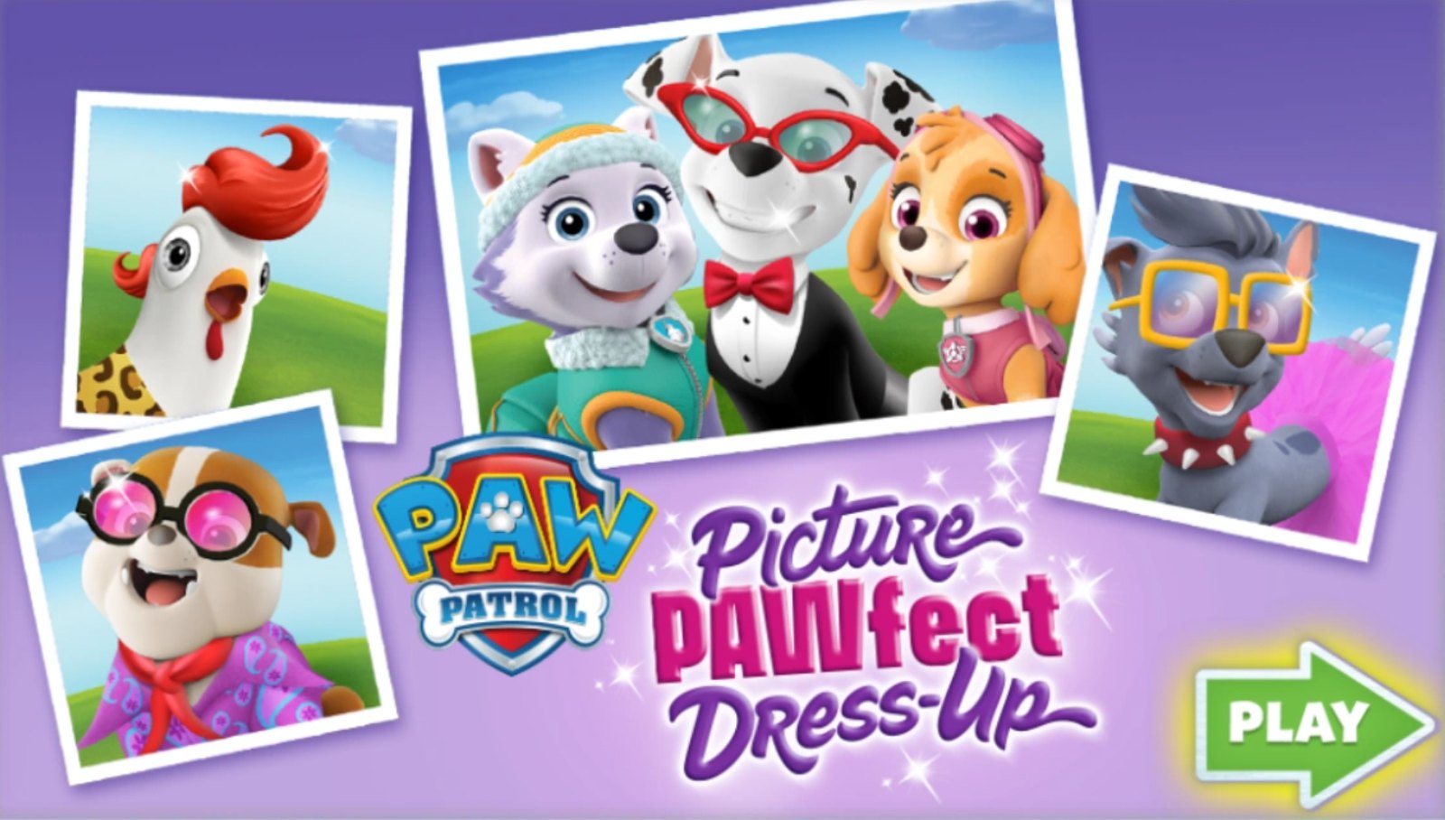 Picture Pawfect Dress-Up promotional screen with PAW Patrol pups
