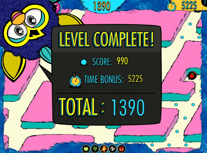 Level-complete UI screen with a furry monster character