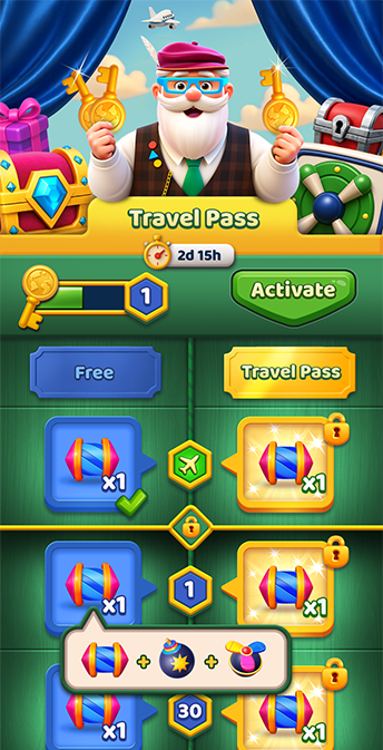Travel Crush travel pass and rewards UI