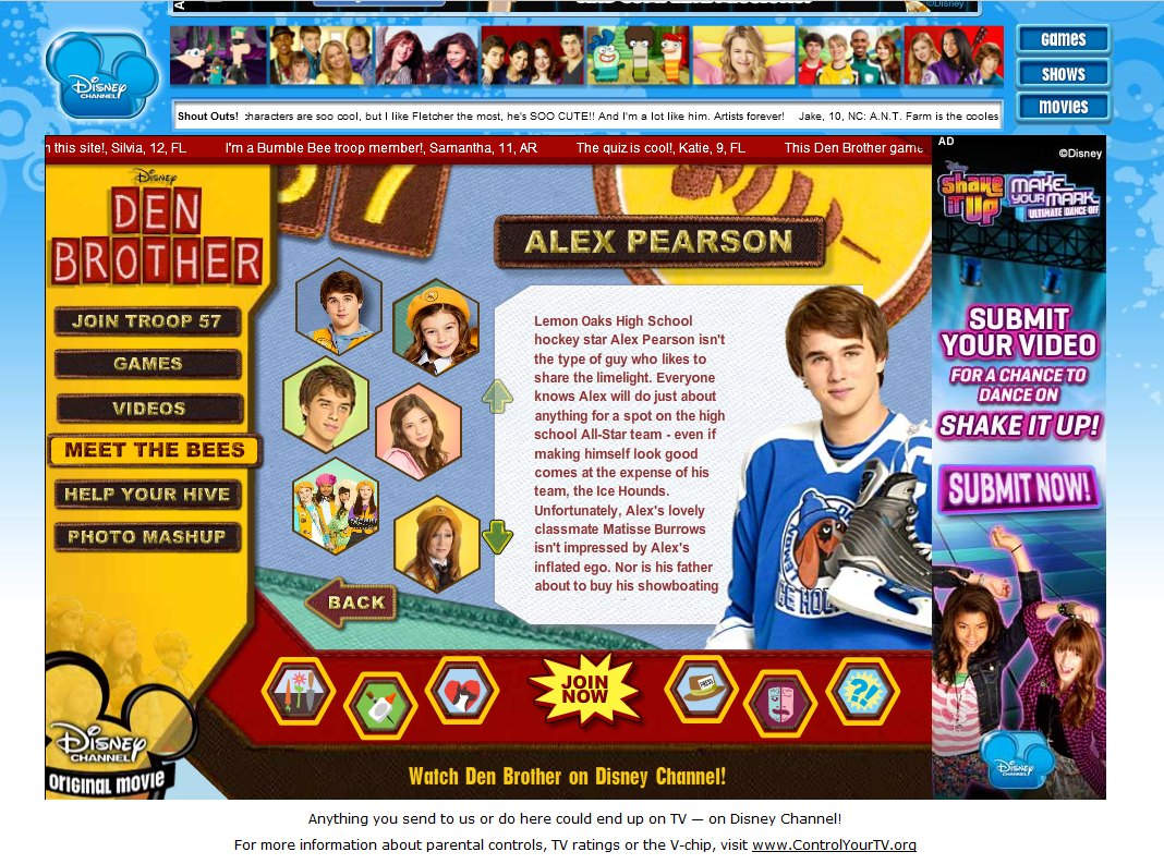 Disney Channel supersite with character profiles and video submission